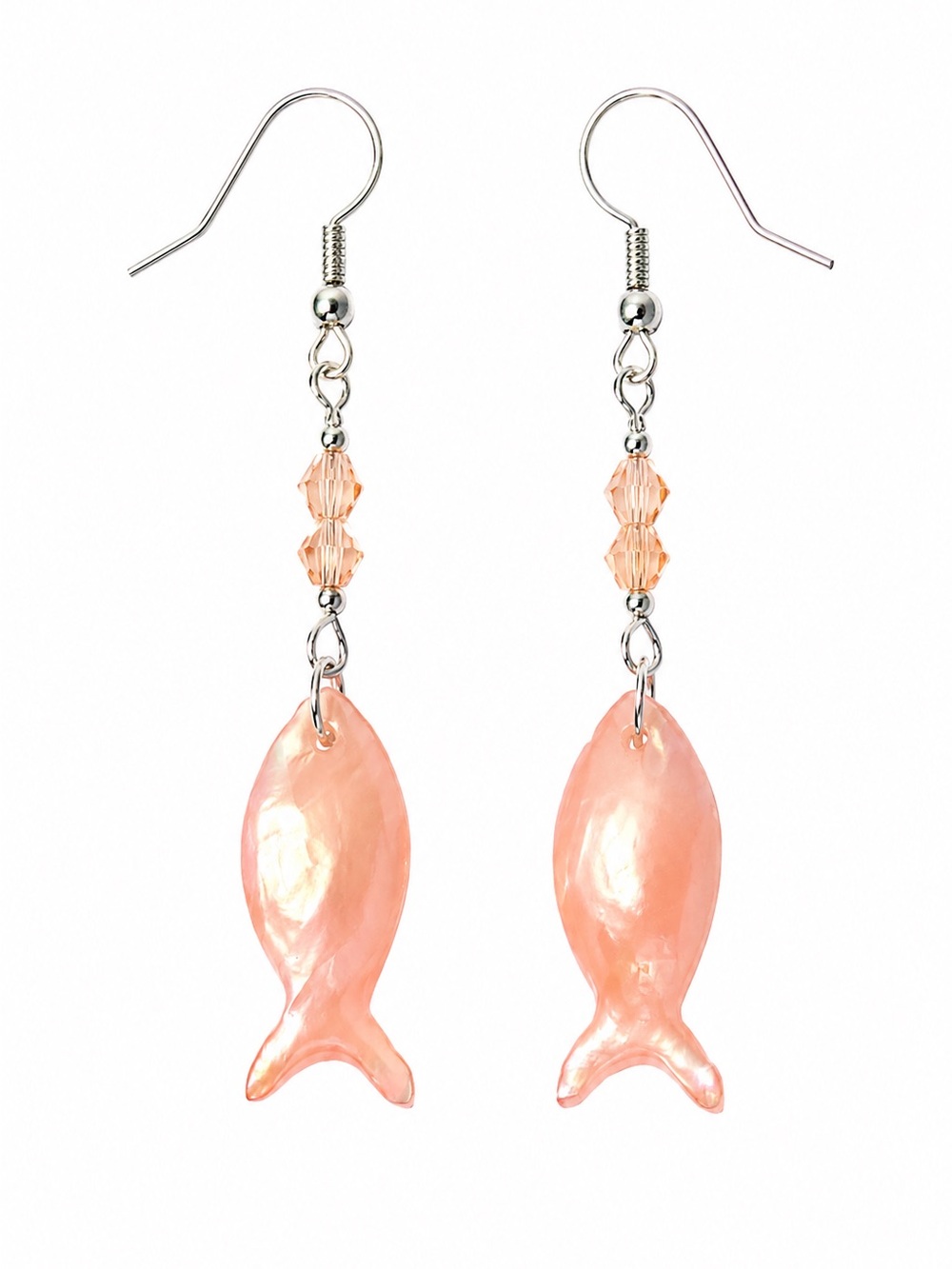 Delicate Salmon Pink Opal Glass Fish with Salmon Pink Crystal Bead Earrings